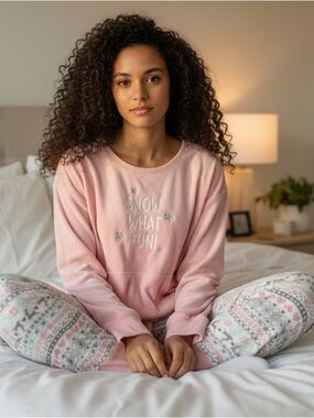 Pillow Talk SZ XL Women’s Fleece Pajama Set $58 MSRP Winter Pink Snowflakes